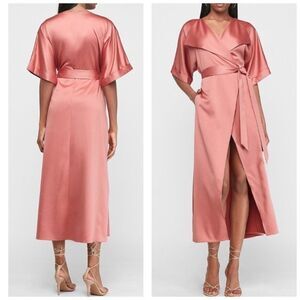 Express Satin Wrap Midi Dress in Rose Pink